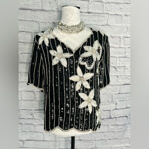 Vintage Stenay Black and White silk Floral Embellished Women's Top size medium